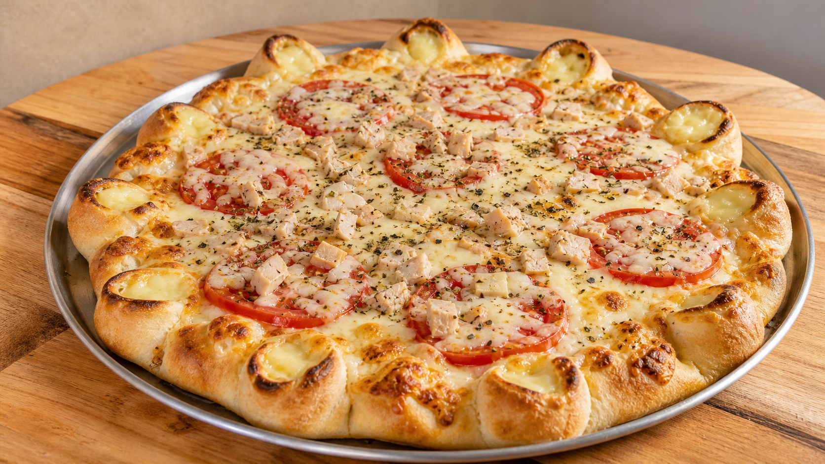 Pizza artesanal assada com borda vulcão cremosa