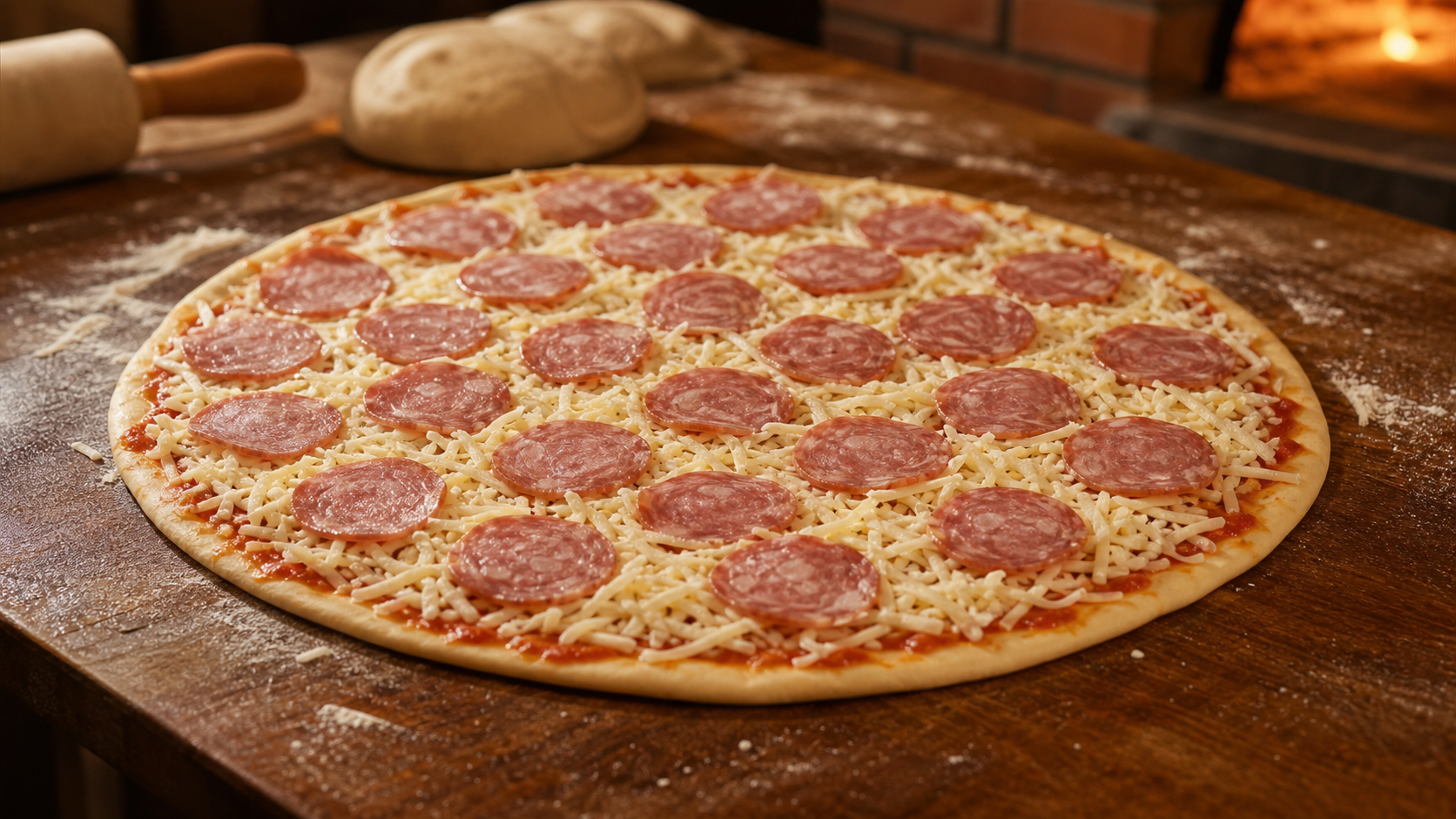 Pizza artesanal em preparo na bancada antes de ir ao forno